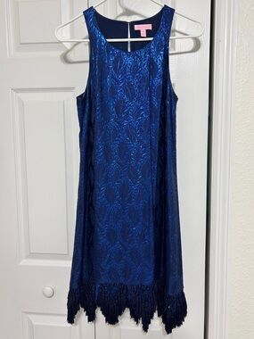 Lilly Pulitzer Marquette Navy Blue Shimmer Fringe Hem Sleeveless Shift Dress